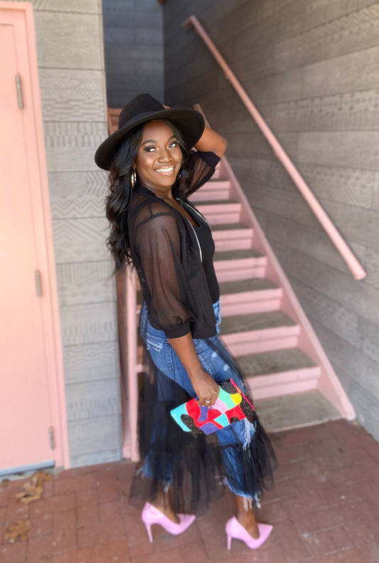 BLACK TULLE ZIPPER DUSTER