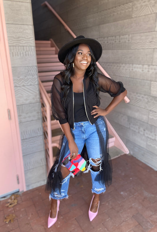 BLACK TULLE ZIPPER DUSTER